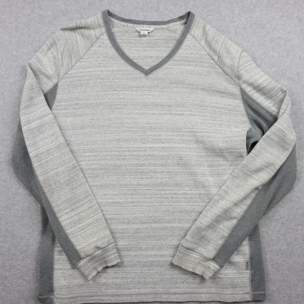 Calvin Klein Sweater Mens Large Lightweight Pullover V-Neck Gray Long Sleeve